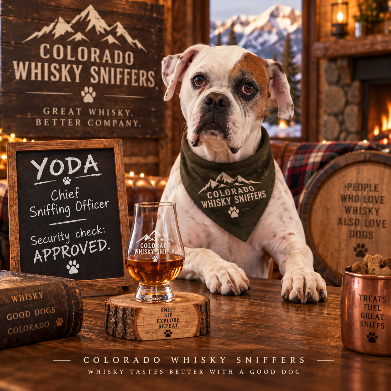 Bulldog wearing a Colorado Whisky Sniffers bandana beside a whiskey glass, chalkboard, barrel, and dog treats in a cozy mountain lodge.