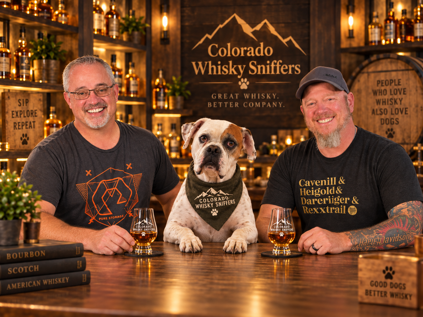 Two men and a bulldog wearing a Colorado Whisky Sniffers bandana pose at a whiskey bar with tasting glasses and whiskey bottles.