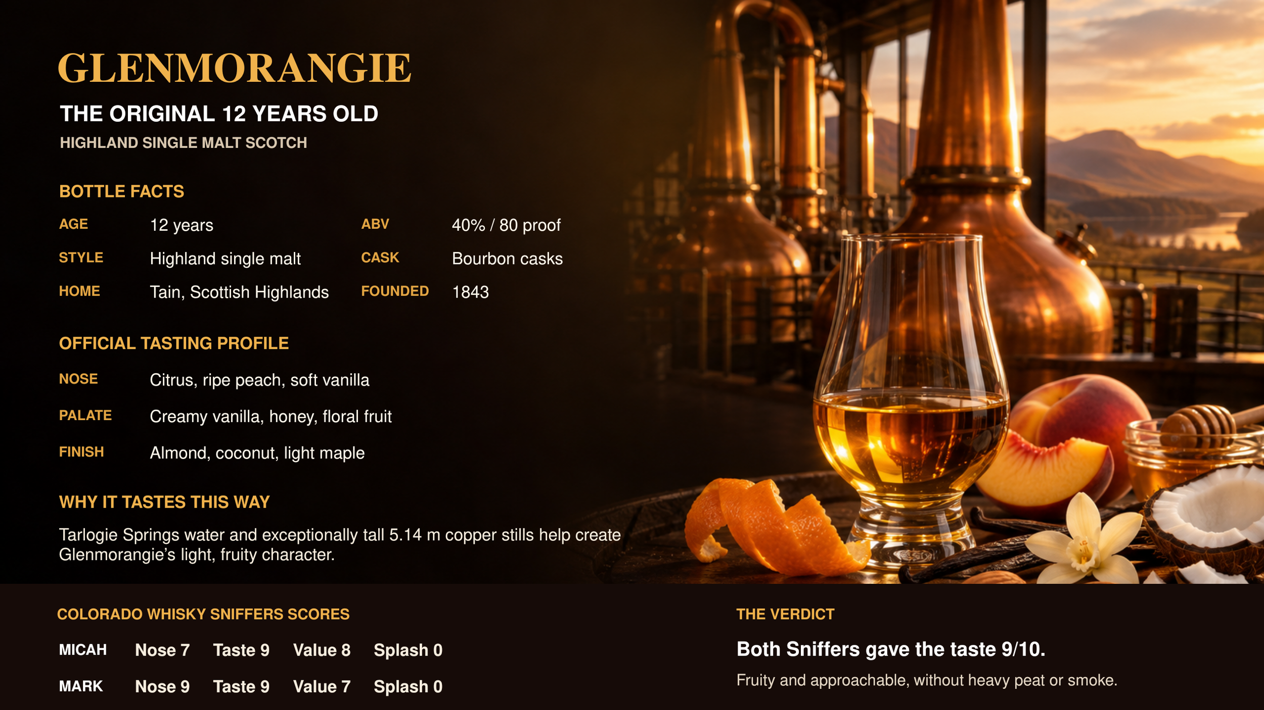 Glenmorangie The Original 12 Years Old Highland single malt Scotch infographic with copper stills, whisky glass, peaches, orange peel, honey, vanilla, and Scottish Highlands scenery