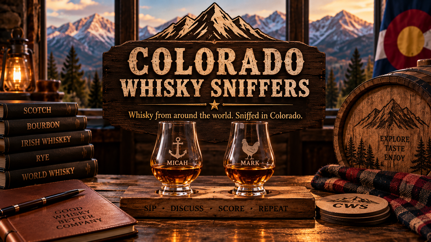 Rustic Colorado Whiskey Sniffers display with two whiskey glasses, mountain sign, Colorado flag, whiskey books, and barrel