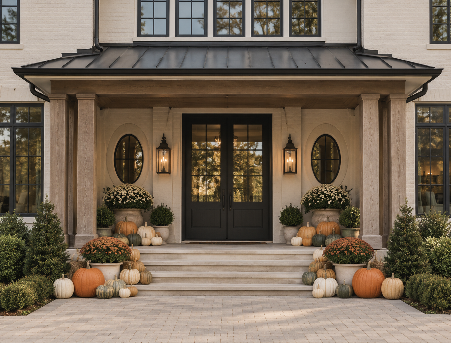 Front porch of a modern home decorated with pumpkins and potted chrysanthemums for fall, with two black lantern-style wall lights flanking a black front door, and large windows on either side.
