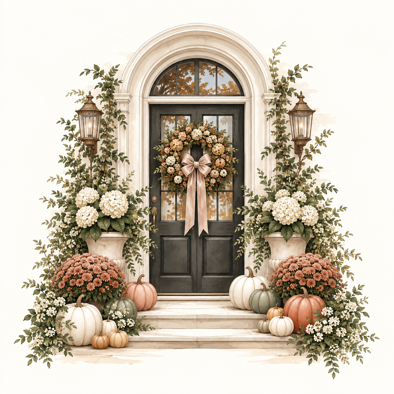 Decorated black front door with fall wreath, surrounded by pumpkin arrangements, stone planters with white hydrangeas, pink chrysanthemums, greenery, and vintage-style lanterns on either side.