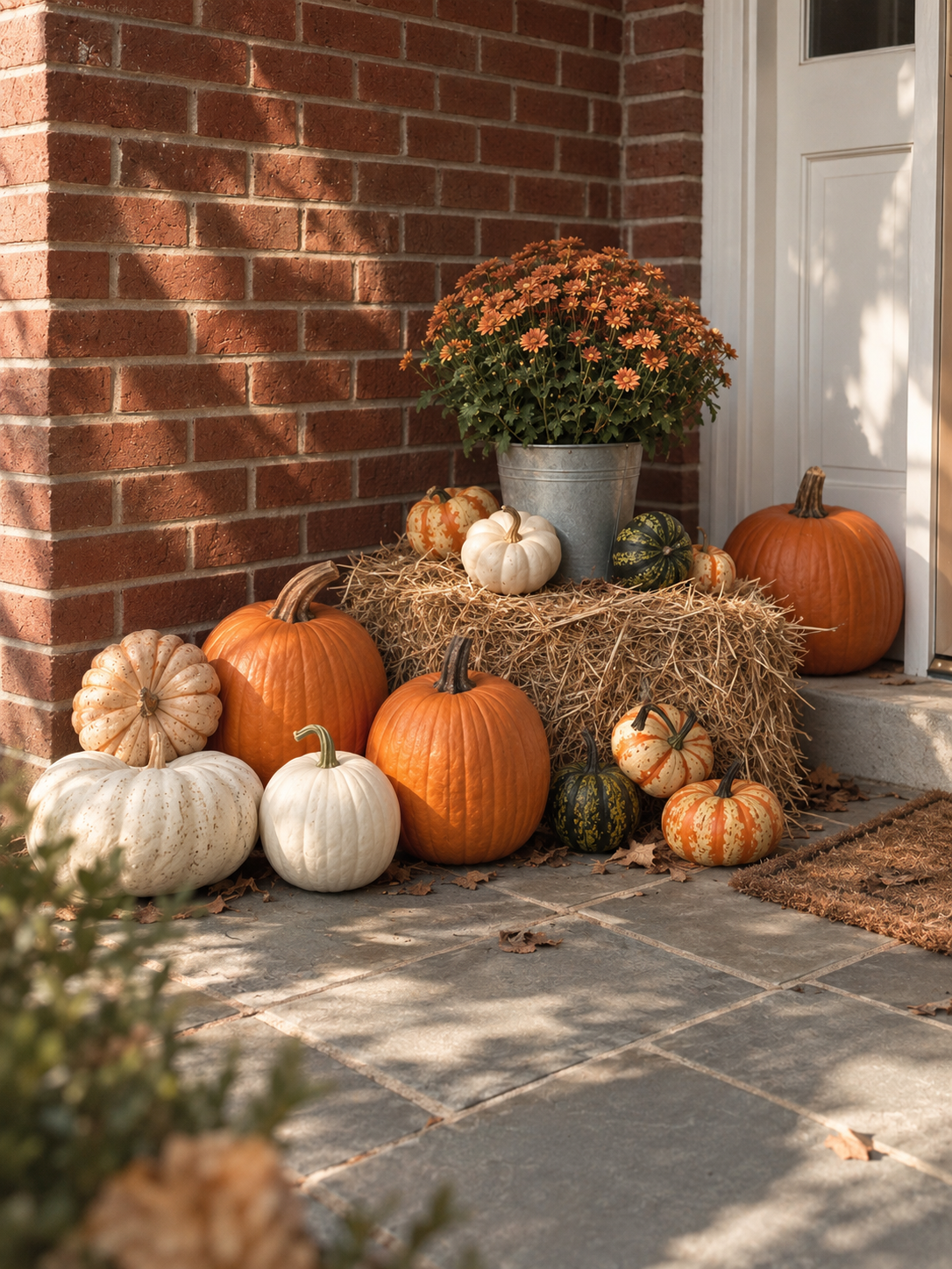 Fall display on a porch with pumpkins of various sizes and colors, a potted orange chrysanthemum, and hay on a brick wall background.