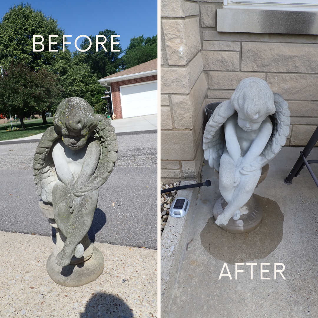 Before and after comparison of a professional monument and statue cleaning service in Evansville, Indiana.