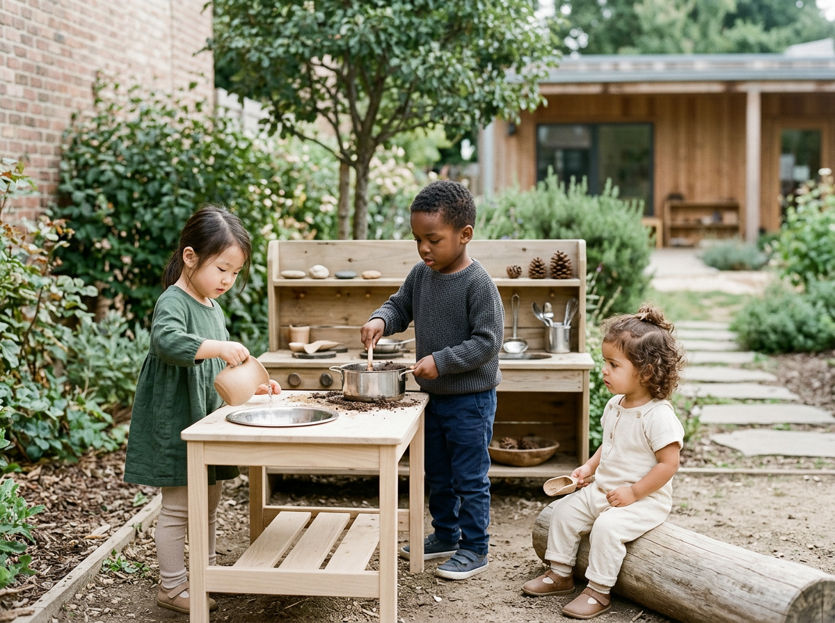 Three children playing outdoors with a pretend kitchen set. One girl is pouring water into a bowl, a boy is stirring a pot, and a girl is sitting on a log holding a spoon.  Little Fledglings Learning Center