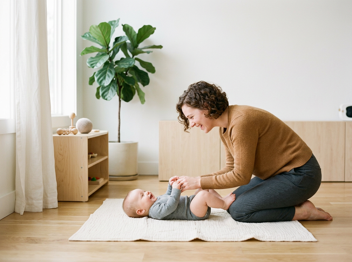 A woman playing with a baby on a cream-colored rug in a bright room with a wooden floor and a large plant in the background. Little Fledglings Learning Center