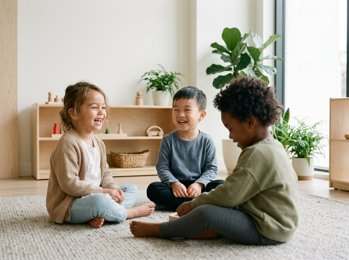 Three children sitting on a beige rug, playing and laughing together in a bright room with large window, green plants, and wooden shelves. Little fledglings Learning Center