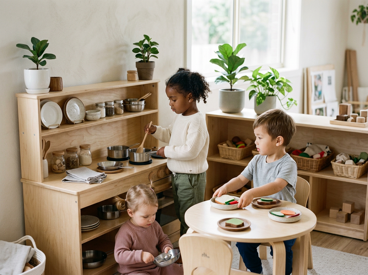 Children playing in a play kitchen with wooden shelves and plants. Little Fledglings Learning Center