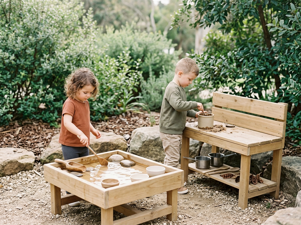 Two children, a girl and a boy, playing with water and soil outdoors on wooden tables in a garden surrounded by green bushes and rocks. Little Fledglings Learning Center