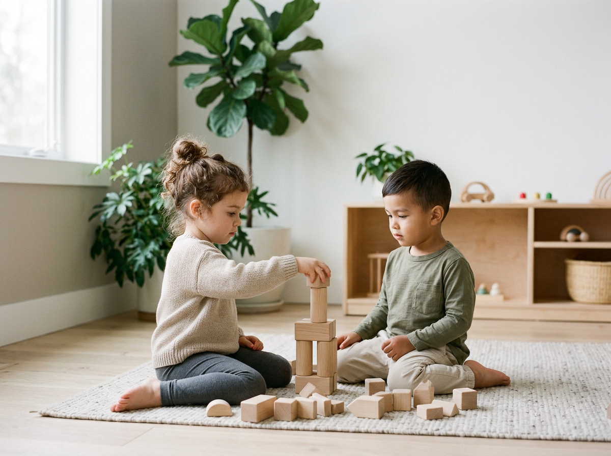 Two young children, a girl and a boy, playing with wooden blocks on a beige rug in a room with natural light and indoor plants. Little Fledglings Learning Center