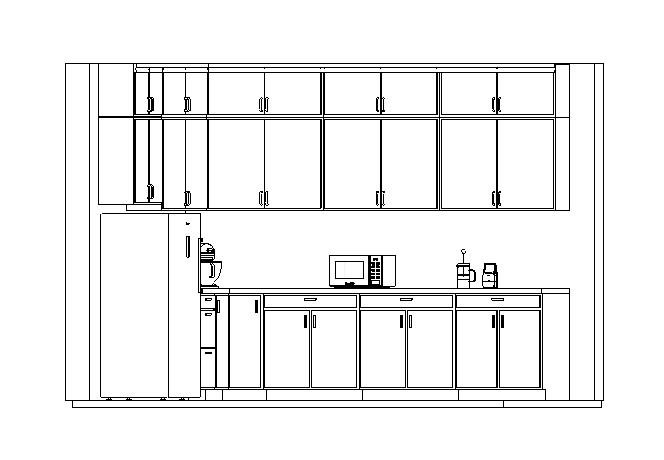 Outline drawing of a kitchen with upper and lower cabinets, a refrigerator, microwave, and countertop appliances.