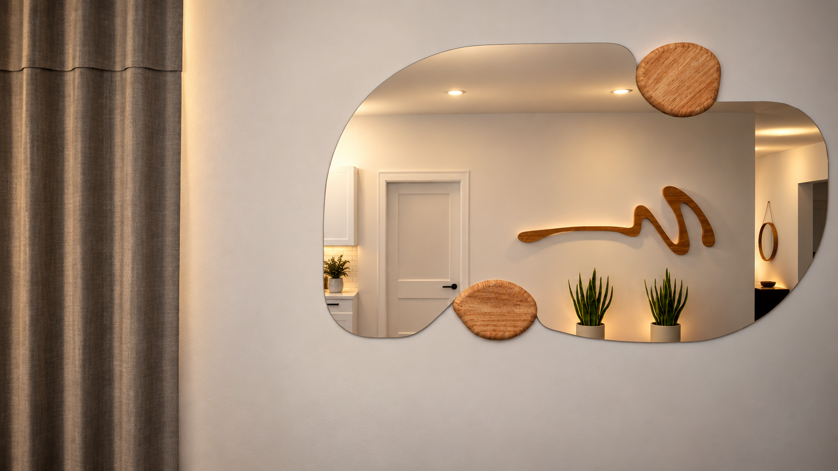 Decorative mirror with wooden accents reflecting a white door, plants, and cozy interior lighting in a modern home.