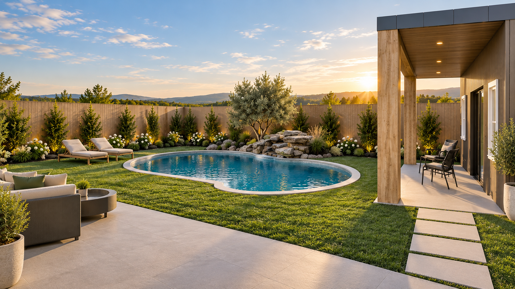 Backyard with kidney-shaped pool, lounge chairs, a covered patio with seating, well-maintained grass, a wooden fence, and mountains in the distance during sunset.