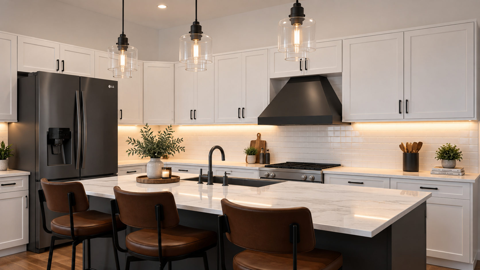 Modern kitchen with white cabinets, black appliances, a marble island, and pendant lighting.