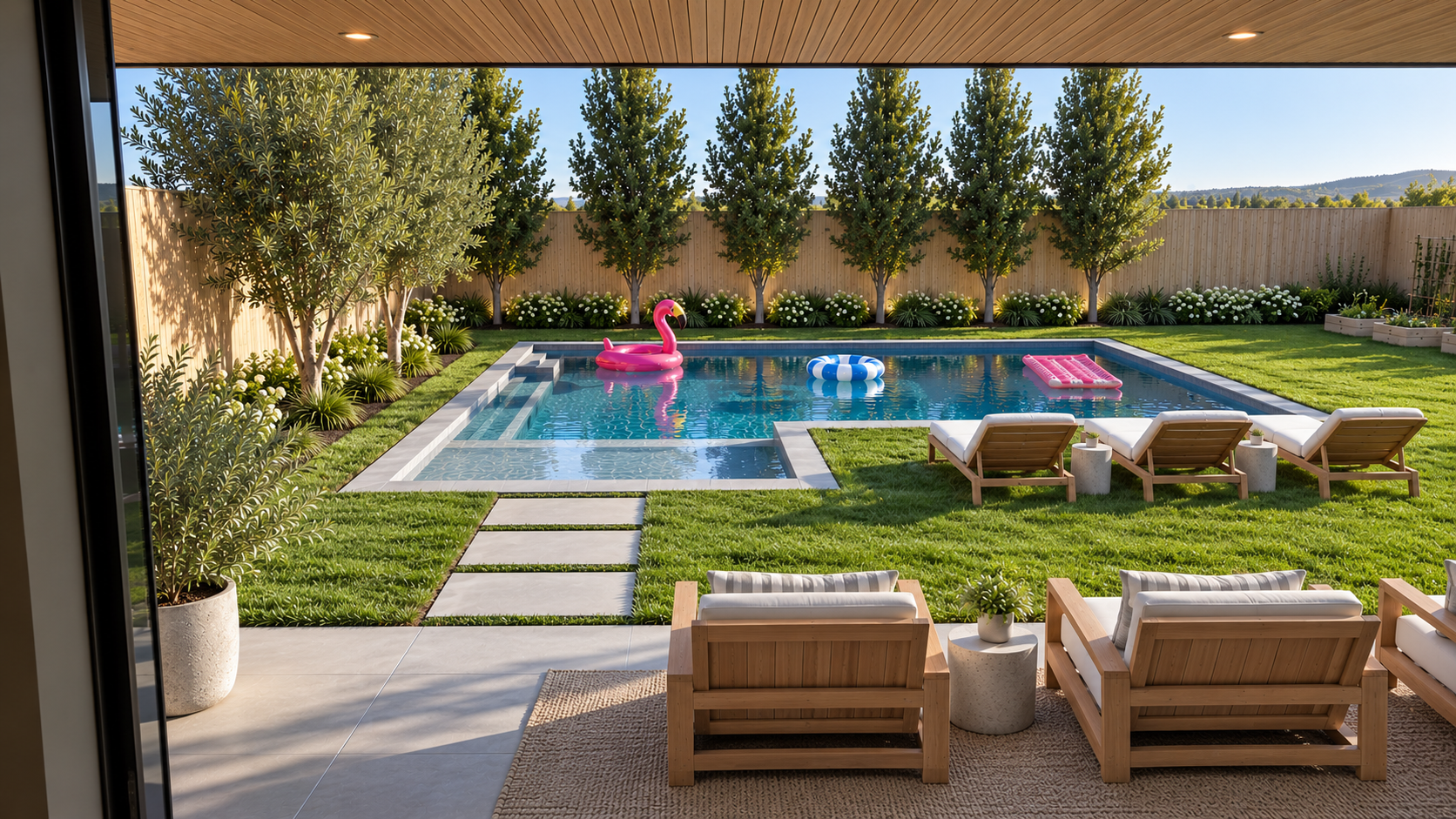 View of a backyard swimming pool with two pink floaties, surrounded by green grass, trees, and a wooden privacy fence. Lounge chairs and a seating area are visible in the foreground.