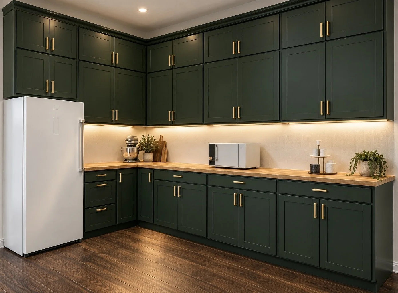 Kitchen with dark green cabinets, wooden countertop, white refrigerator, microwave, and decor including plants and jars