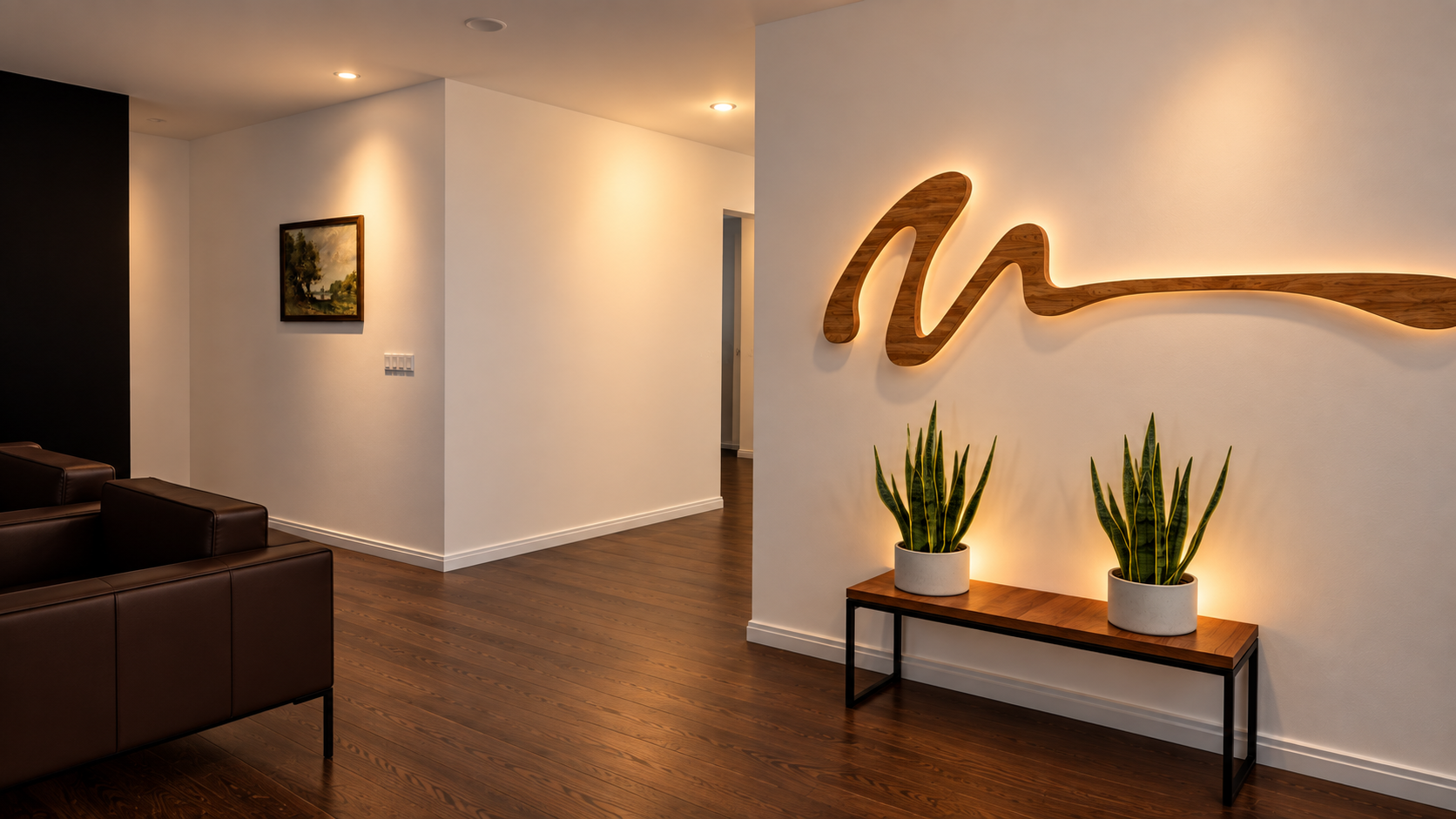 Modern living room with white and black walls, hardwood floors, a wall decoration with a wooden wave design, two potted plants on a wooden table, and a painting on the wall.