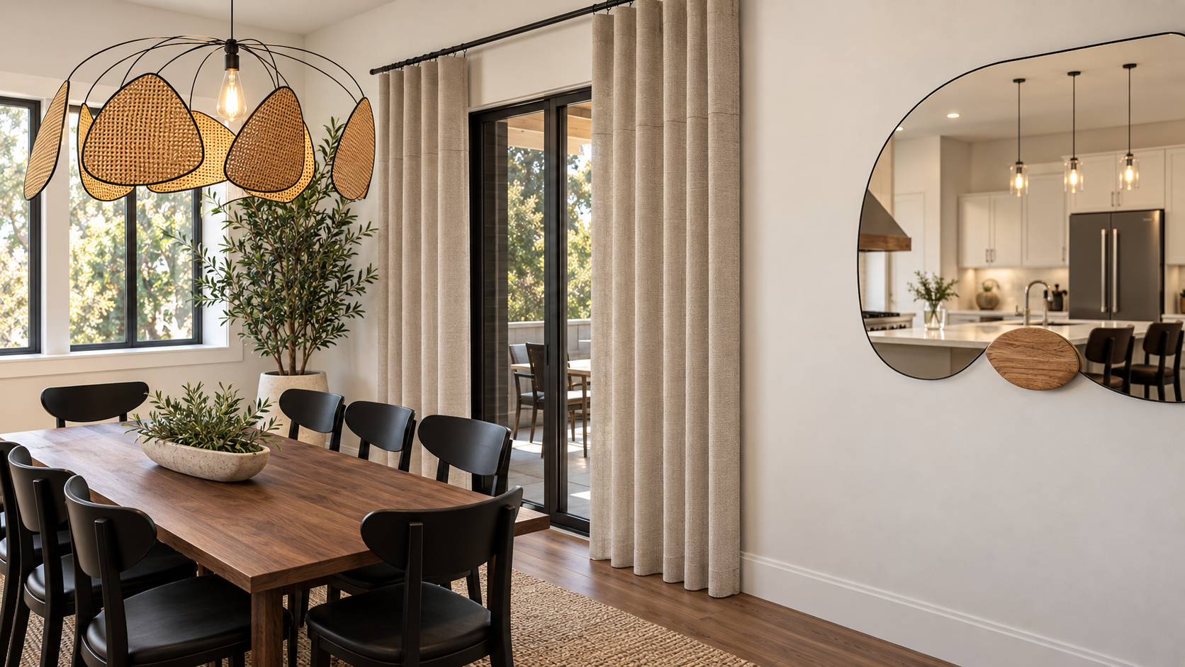 Modern dining room with a wooden table, black chairs, and large window with beige curtains. A decorative light fixture hangs from the ceiling, and there is a large potted plant near the window. A round mirror on the wall reflects the kitchen area with white cabinets and pendant lights.