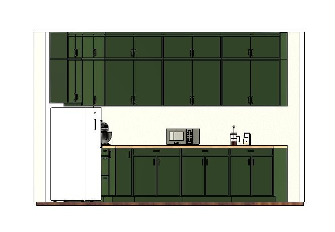 Kitchen with green cabinets, white refrigerator, microwave, coffee maker, and a countertop with jars.