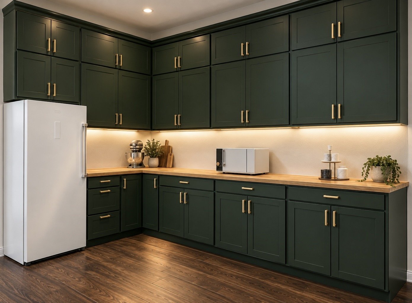 Kitchen with dark green cabinets, light wood countertop, and white refrigerator. Items on countertop include a microwave, a stand mixer, potted plants, and decorative jars. Wooden flooring and under-cabinet lighting visible.