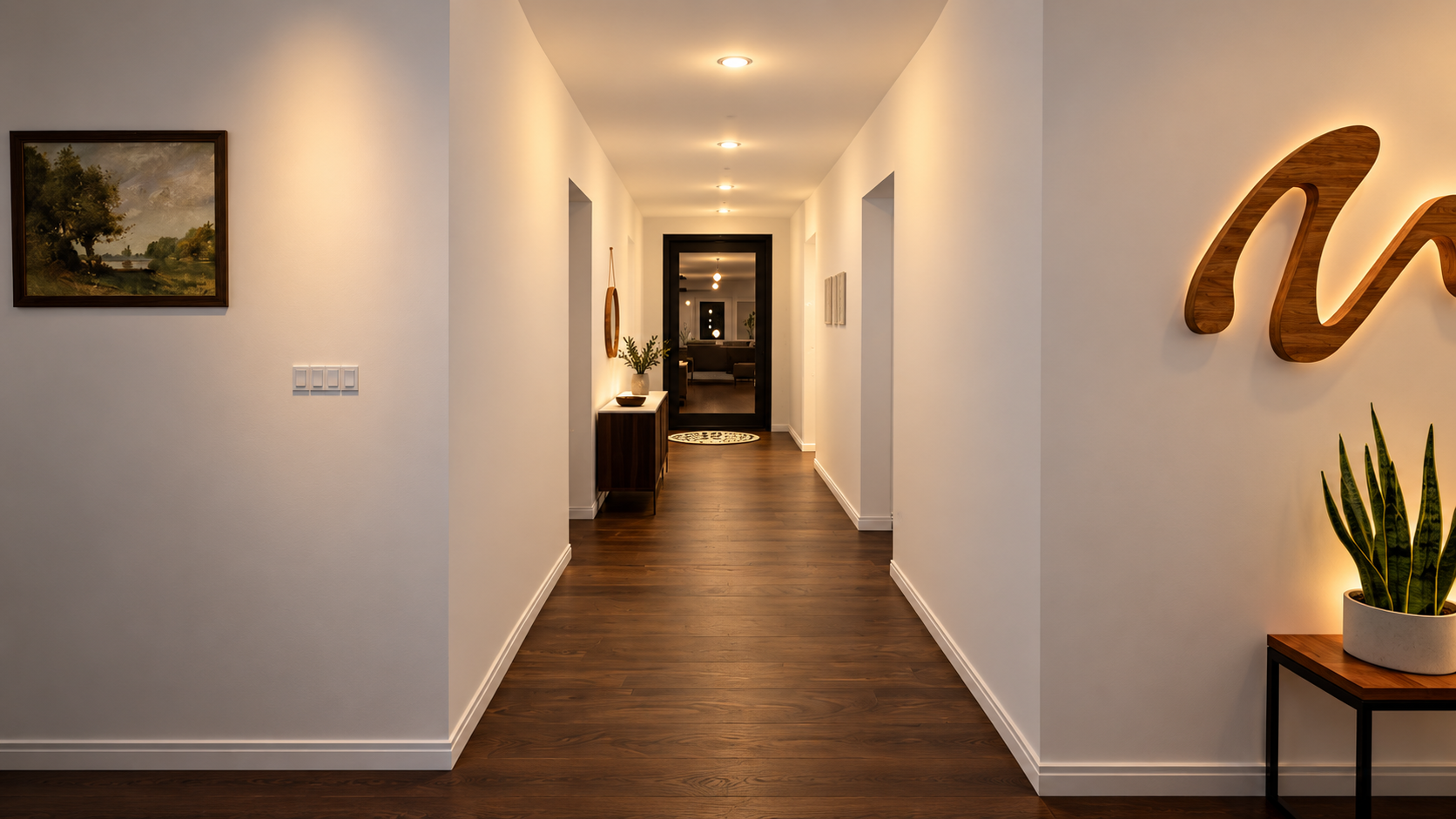 A modern hallway with white walls and wooden flooring, decorated with framed artwork, a plant on a small table, and illuminated by ceiling lights.