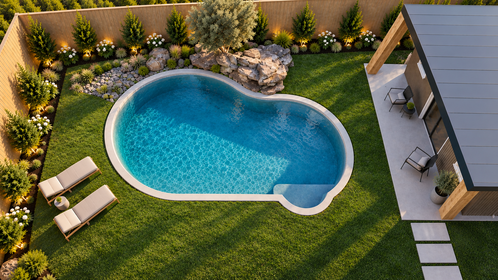 A backyard with a kidney-shaped swimming pool surrounded by lush green grass, decorative rocks, and landscaped plants, with a fenced perimeter and a patio area with chairs and potted plants.