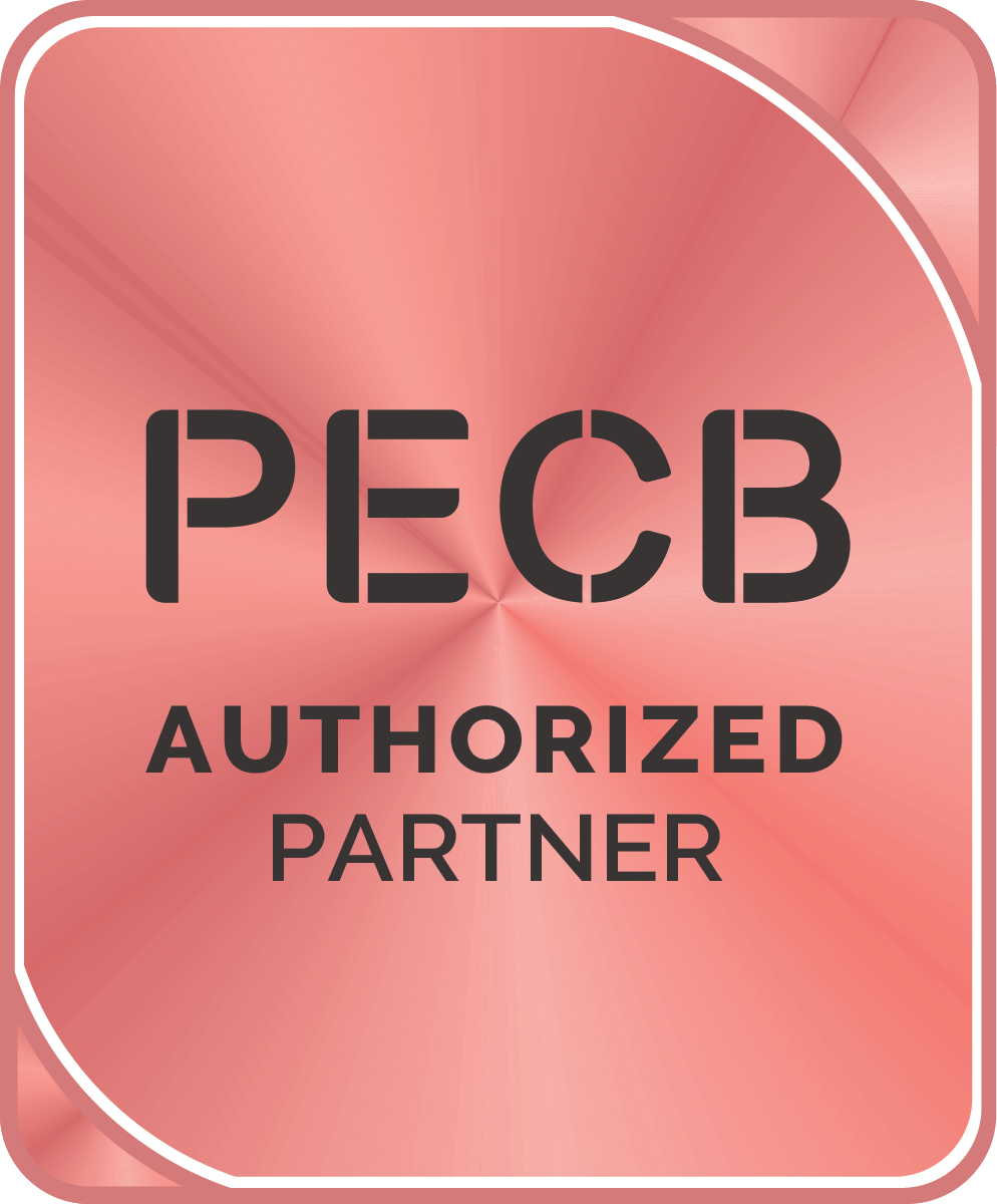 Pink metallic PECB authorized partner badge with rounded corners and white border.