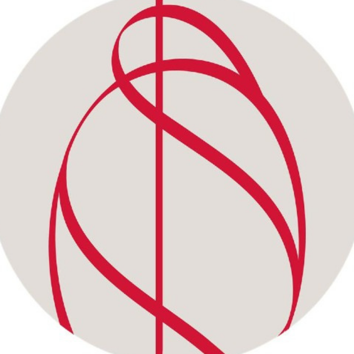 Red abstract geometric design on a light gray background.