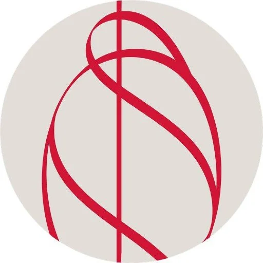 Red abstract logo with curved lines and a central vertical line on a light background.