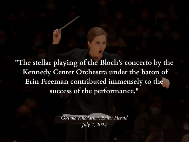 A woman conductor leading an orchestra, with a quote about her performance attributed to Ballet Herald, dated July 1, 2024.