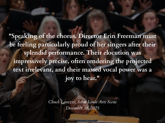 A choir performing on stage with conductor in front, and a quote overlay praising their singing quality.