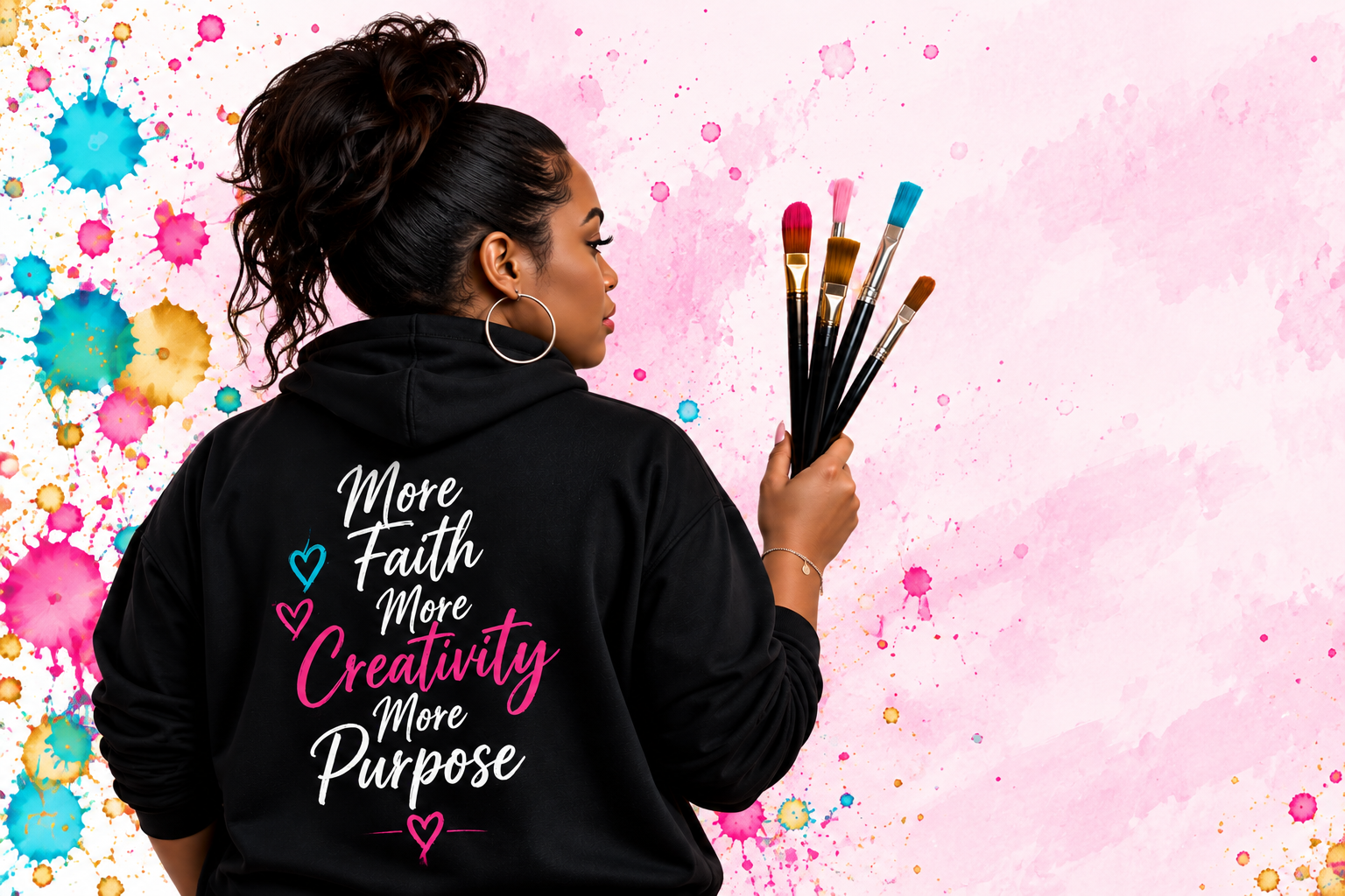 A woman holding paintbrushes, wearing a black hoodie with the quote "More Faith, More Creativity, More Purpose" on the back, and standing in front of a pink watercolor background with colorful splatters.