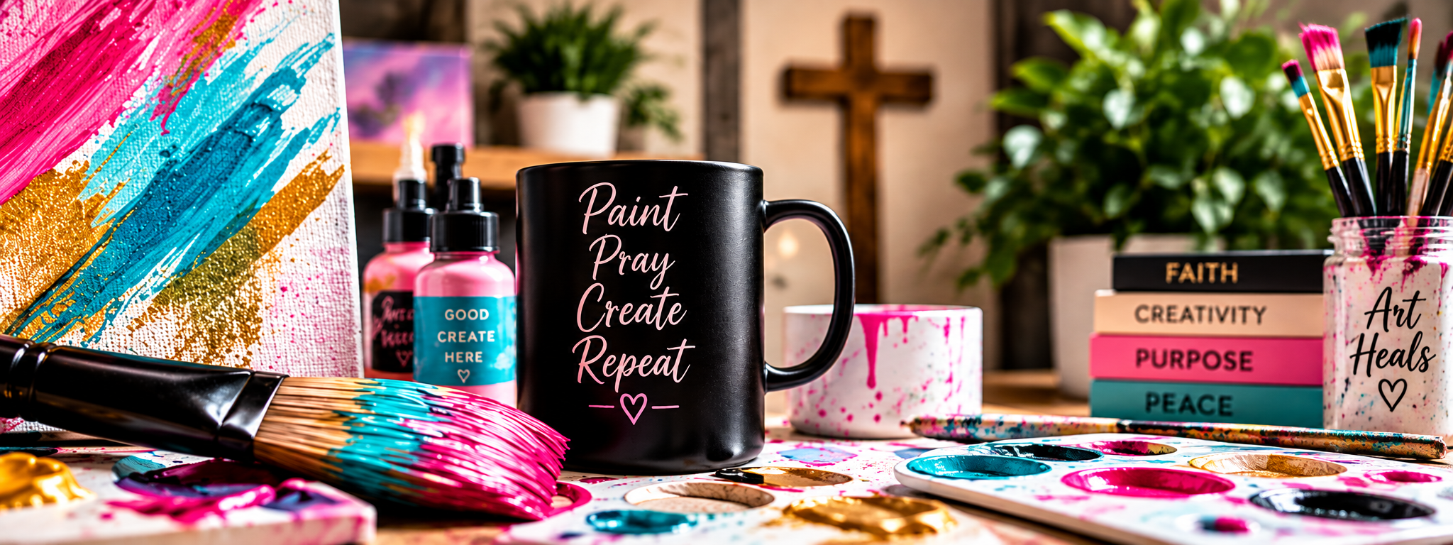 A workspace with painting supplies, including a black coffee mug with pink text that reads 'Paint Pray Create Repeat,' bottles of pink paint labeled 'Good Create Here,' a paintbrush, and colorful stacked books with words like 'Faith,' 'Creativity,' 'Purpose,' and 'Peace.' There is also a canvas with colorful abstract paint strokes, and a plant in the background.