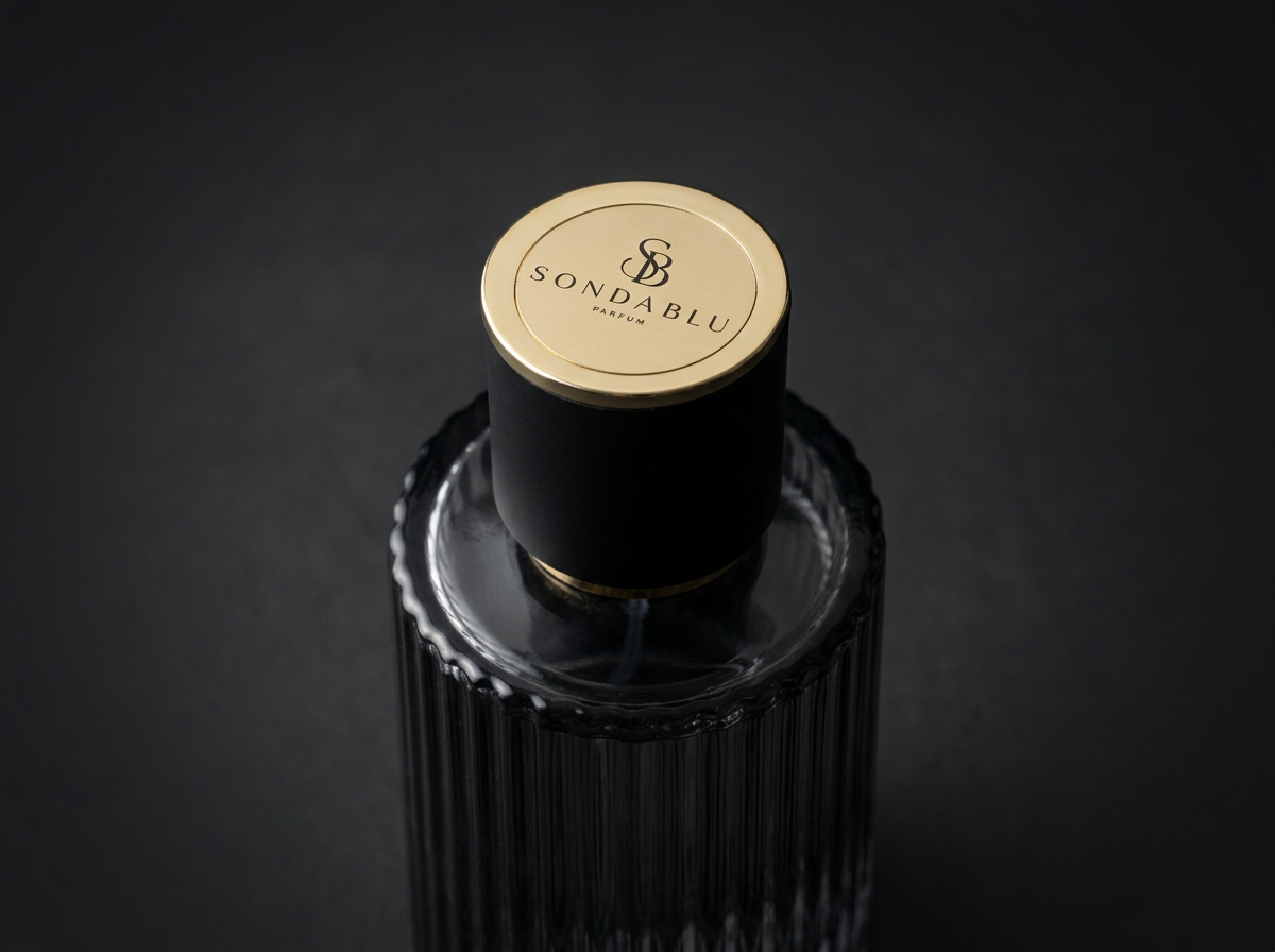 A black cylindrical perfume bottle with a gold top labeled "SONDABLU PARFUM" on a textured black surface.