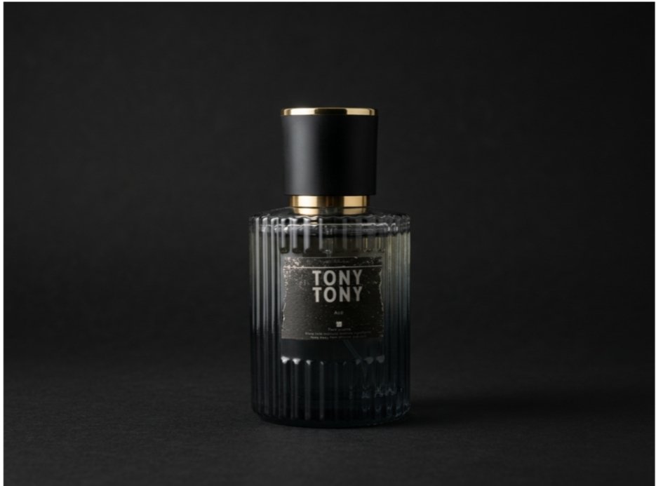 A black glass perfume bottle with vertical ridges, a black and gold cap, and a black label that reads "TONY TONY" against a dark background.