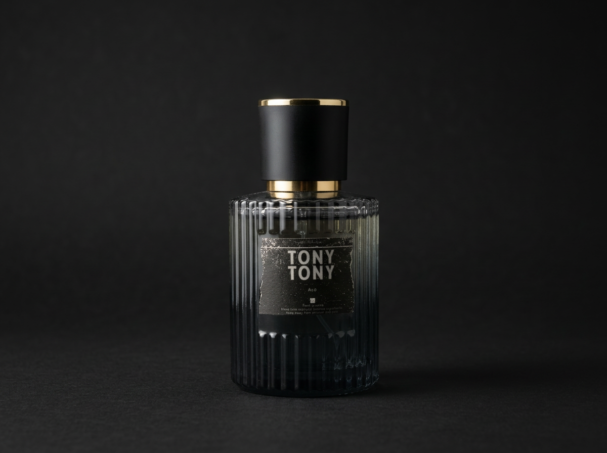 A black and gold bottle of Tony Tony brand cologne or perfume on a dark background.