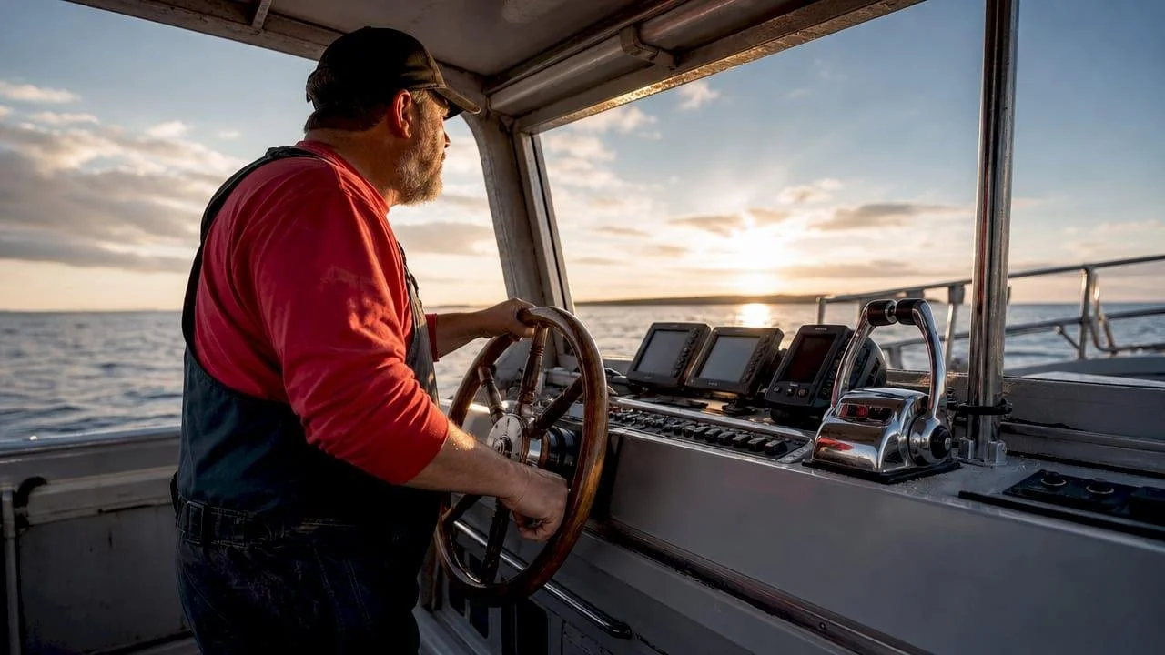 A man steering a boat with the sunset in the background.