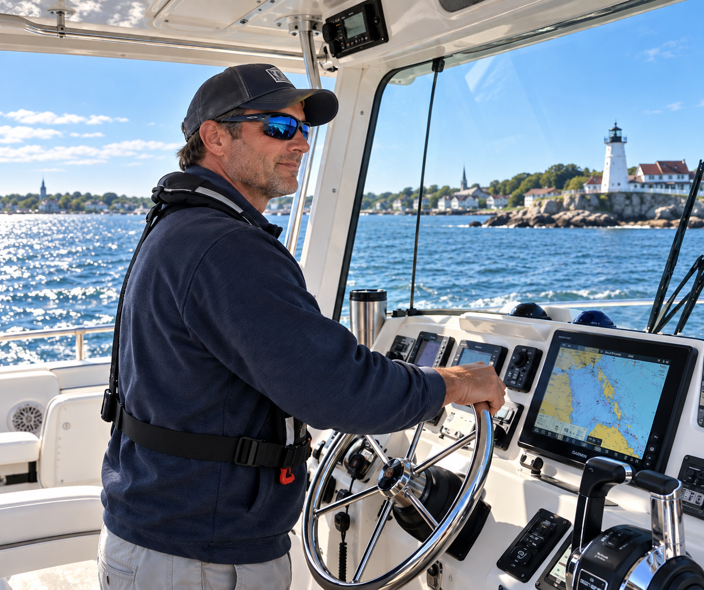 A man in sunglasses and a dark cap is steering a boat with a nautical chart displayed on a screen inside the boat's cockpit, with a coastal town and lighthouse visible in the background.