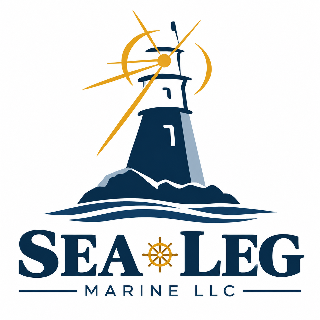 A stylized lighthouse with a clock at the top. The lighthouse is surrounded by water and rocks, with a nautical theme. The logo features the text 'SEA LEG' with a ship's wheel replacing the letter 'O', and 'MARINE LLC' beneath it.