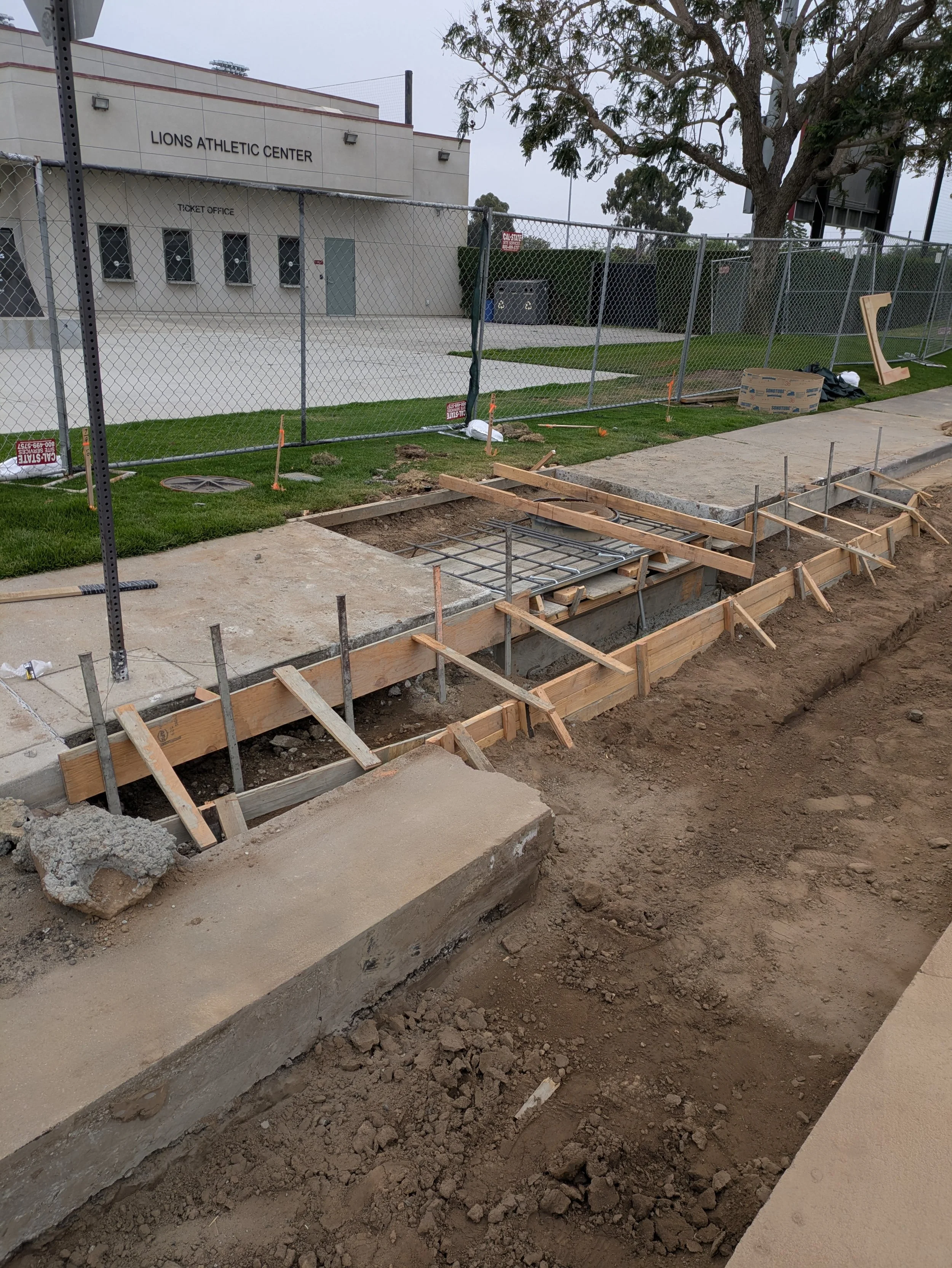 Construction site with concrete sidewalk being replaced, wooden forms and exposed dirt, fence with a sign, and a building labeled 'Lions Athletic Center' in the background.