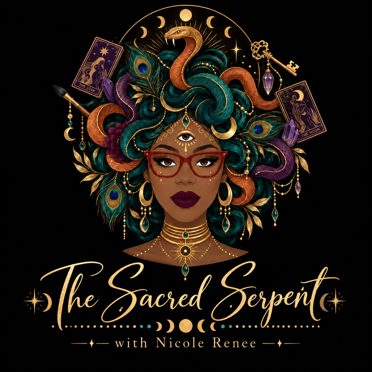 The Sacred Serpent with Nicole Renee logo featuring a Black spiritual artist and diviner, serpents, tarot cards, peacock feathers, crystals, moon phases, and gold celestial details.