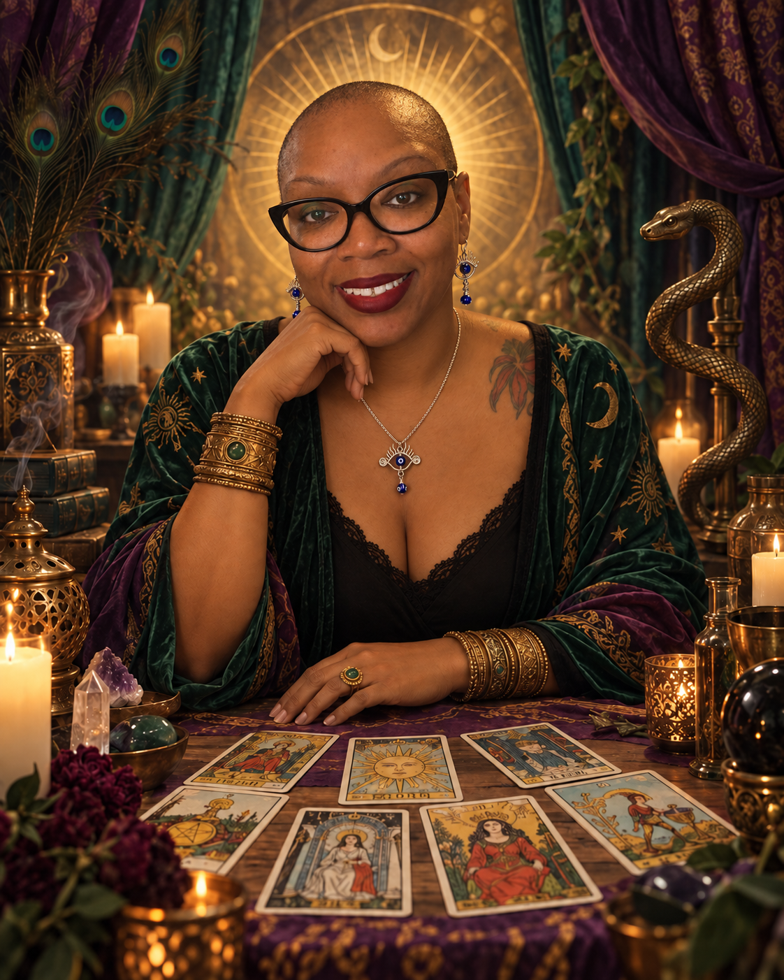Nicole Renee seated at a candlelit tarot table in an emerald, eggplant, and antique-gold Sacred Serpent setting.