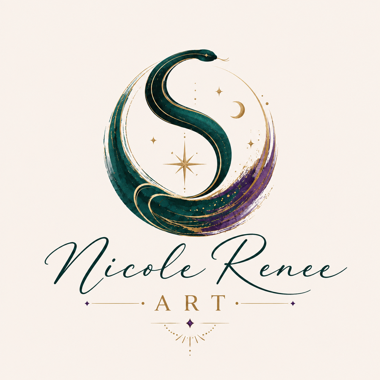 Nicole Renee Art logo with an emerald serpent, gold celestial symbols, and purple accents for The Sacred Serpent.