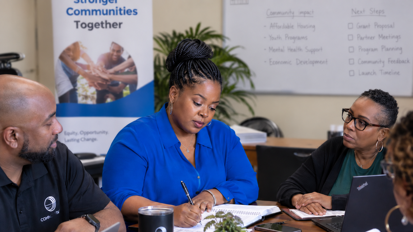 A group of diverse people attending a meeting in a conference room, with a woman in a blue shirt taking notes, and others listening attentively. There is a poster in the background promoting community programs.