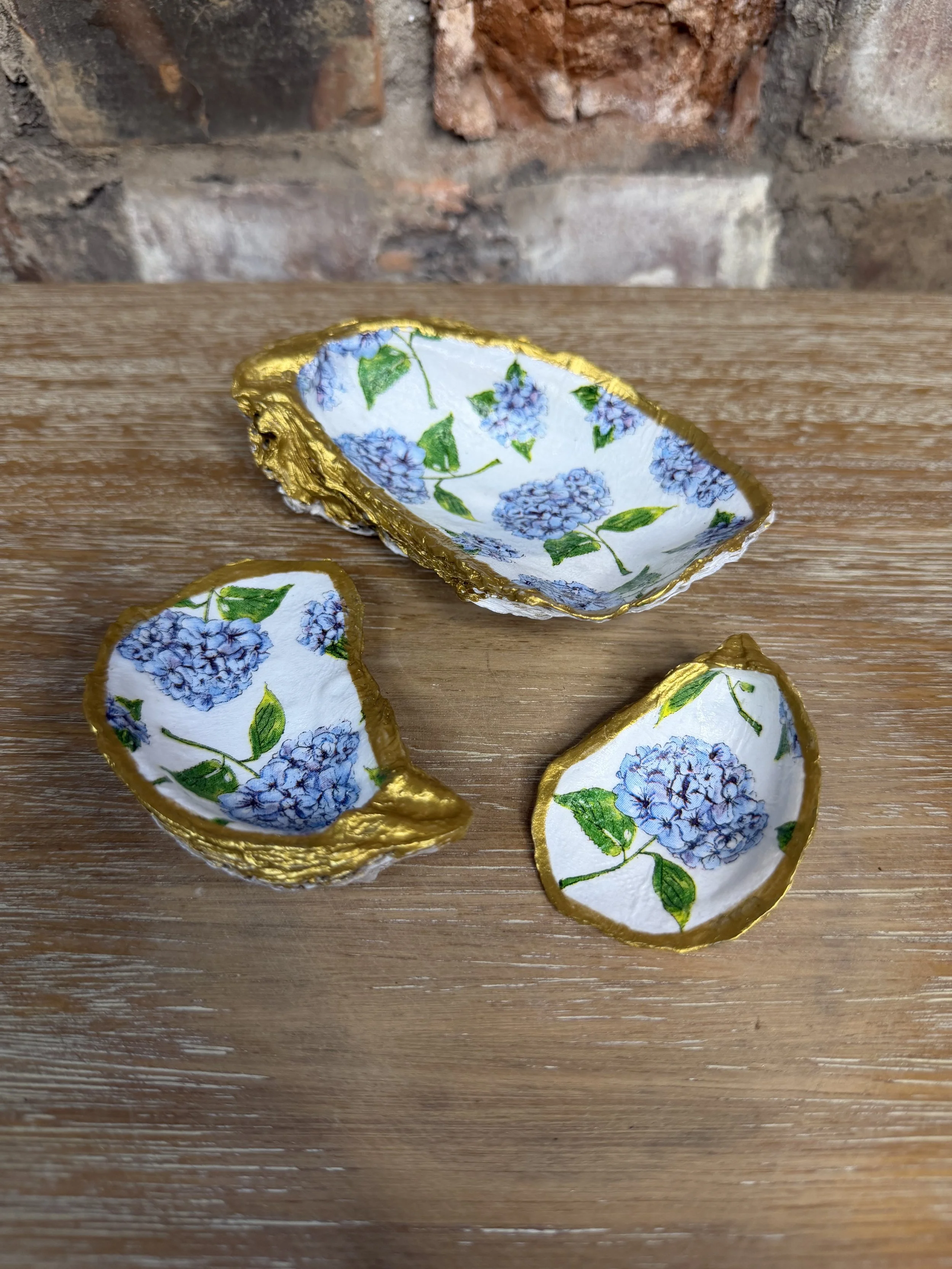 set of blue handprinted hydrangea oyster shell jewelry trinket dishes