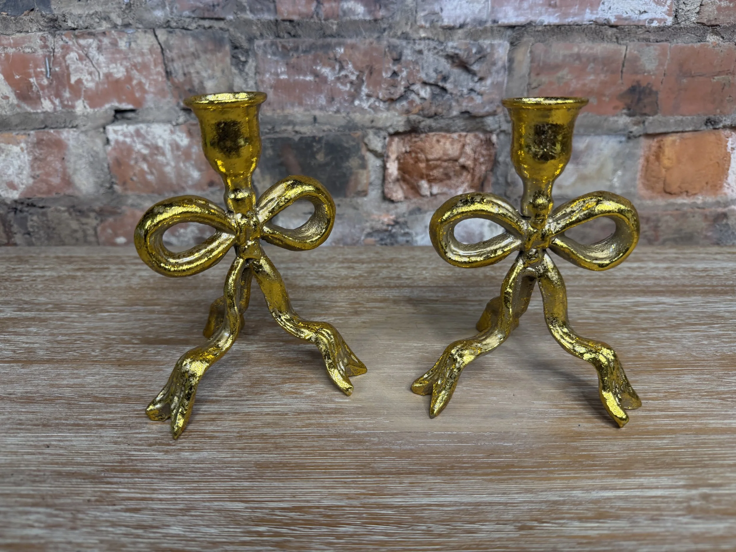 Gold Metal Tied Bow Candle Holder Pair