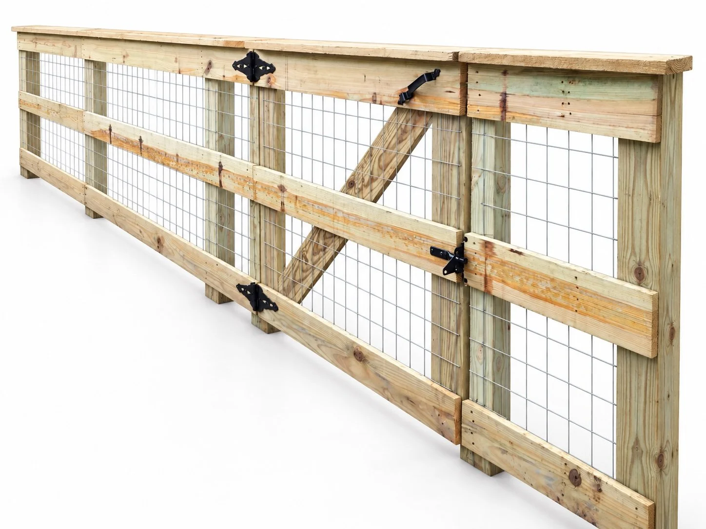 Wooden animal fence with wire mesh, black hinges, and a diagonal support brace.