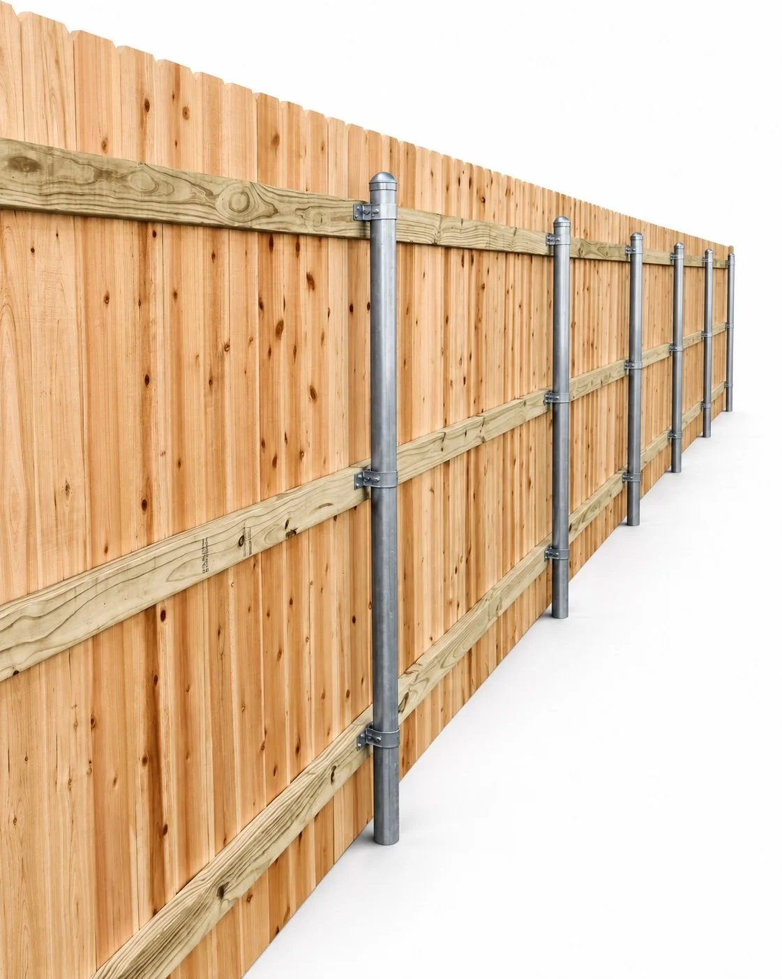 New wooden privacy fence with metal posts and horizontal support beams.