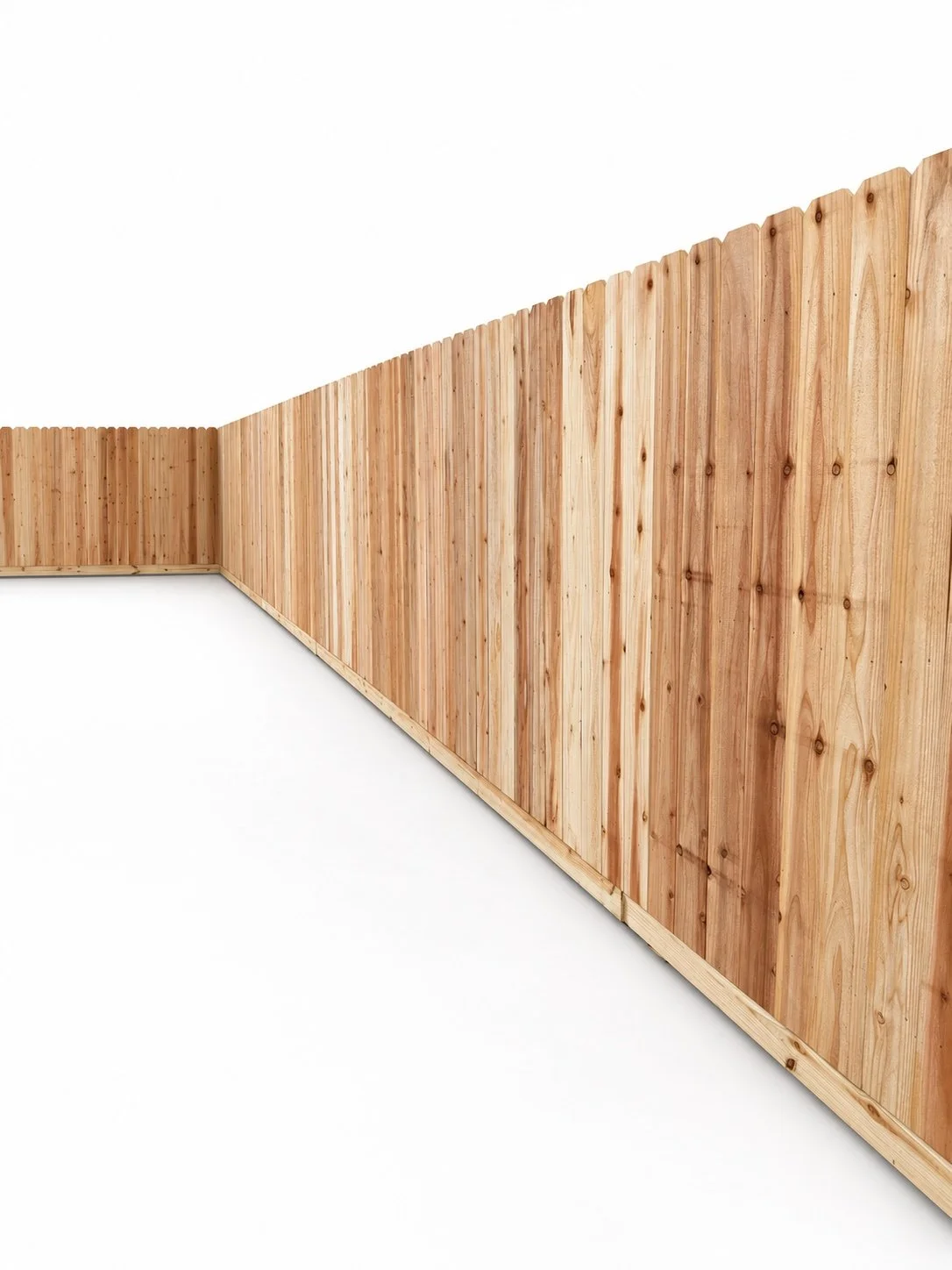 Wooden privacy fence with a corner, set against a white background.