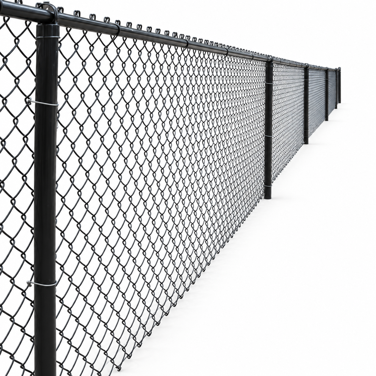 Black chain-link fence extending into the distance against a white background.